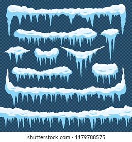 Cartoon snow icicles. Icicle ice with snowcap on top. Winter snowing borders for christmas cards design. Frost neve snowy weather frames, icy frosted frozen sign vector isolated icons set