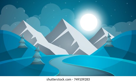 Cartoon snow landscape. Sun, snow, fir mountine illustration Vector eps 10