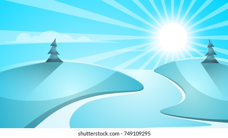 Cartoon snow landscape. Sun, snow, fir mountine illustration Vector eps 10