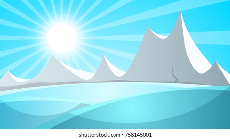 Cartoon snow landscape. Sun, snow, mountine illustration Vector eps 10