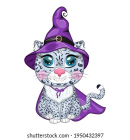 Cartoon snow leopard, leopard, akbars, irbis in purple witch hat and cloak. Halloween.