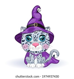Cartoon snow leopard, leopard, akbars, irbis in purple witch hat and cloak. Halloween.