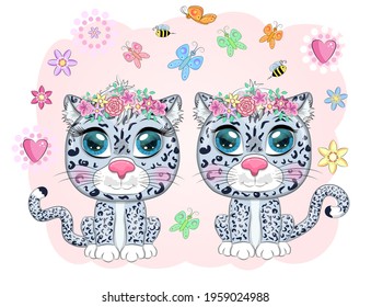 Cartoon snow leopard couple with expressive eyes among flowers, hearts, decorative elements. Wild animals, character, childish cute style.