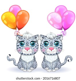 Cartoon snow leopard couple with expressive eyes with balloons, holiday concept, birthday. Wild, rare animals, character, children s cute style.