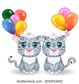 Cartoon snow leopard couple with expressive eyes with balloons, holiday concept, birthday. Wild, rare animals, character, children s cute style.