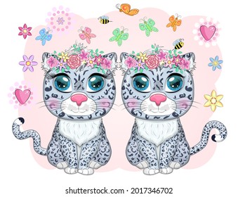 Cartoon snow leopard couple with expressive eyes among flowers, hearts, decorative elements. Wild animals, character, childish cute style.
