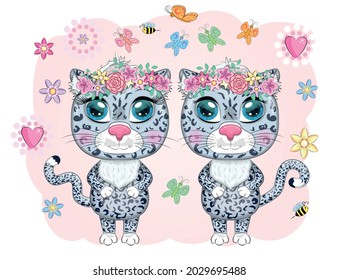 Cartoon snow leopard couple with expressive eyes among flowers, hearts, decorative elements. Wild animals, character, childish cute style.