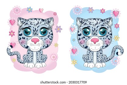 Cartoon snow leopard couple with expressive eyes among flowers, hearts, decorative elements. Wild animals, character, childish cute style.