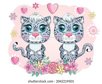 Cartoon snow leopard couple with expressive eyes among flowers, hearts, decorative elements. Wild animals, character, childish cute style.