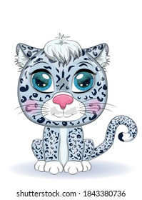 Cartoon snow leopard with expressive eyes. Wild animals, character, childish cute style