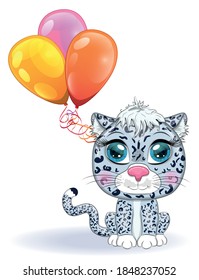 Cartoon snow leopard with expressive eyes with balloons, holiday concept, birthday. Wild, rare animals, character, children s cute style.