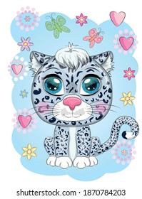Cartoon snow leopard with expressive eyes among flowers, hearts, decorative elements. Wild animals, character, childish cute style.