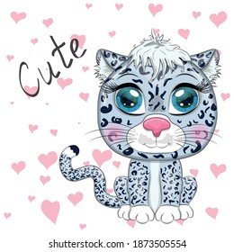 Cartoon snow leopard with expressive eyes. Wild animals, character, childish cute style