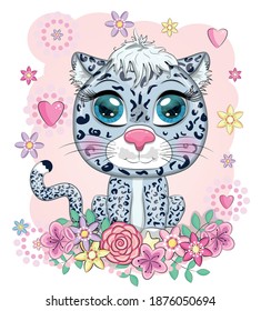 Caricatura leopardo de las nieves con ojos expresivos entre flores, corazones, elementos decorativos. Animales salvajes, carácter, estilo adorable infantil.