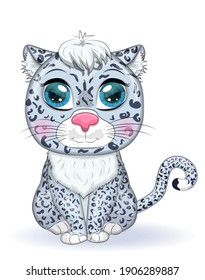 Cartoon snow leopard with expressive eyes. Wild animals, character, childish cute style