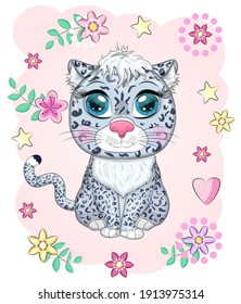 Cartoon snow leopard with expressive eyes among flowers, hearts, decorative elements. Wild animals, character, childish cute style.