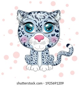 Cartoon snow leopard with expressive eyes among flowers, hearts, decorative elements. Wild animals, character, childish cute style