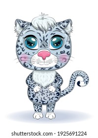 Cartoon snow leopard with expressive eyes. Wild animals, character, childish cute style
