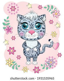 Cartoon snow leopard with expressive eyes among flowers, hearts, decorative elements. Wild animals, character, childish cute style