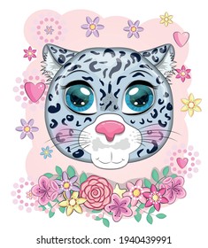 Cartoon snow leopard with expressive eyes among flowers, hearts, decorative elements. Wild animals, character, childish cute style