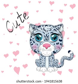 Cartoon snow leopard with expressive eyes among flowers, hearts, decorative elements. Wild animals, character, childish cute style