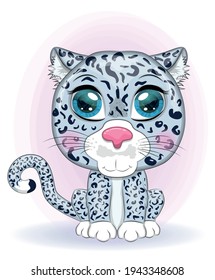 Cartoon snow leopard with expressive eyes. Wild animals, character, childish cute style