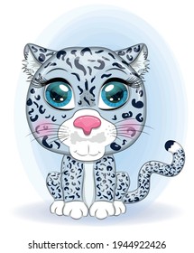 Cartoon snow leopard with expressive eyes. Wild animals, character, childish cute style