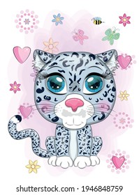 Cartoon snow leopard with expressive eyes among flowers, hearts, decorative elements. Wild animals, character, childish cute style