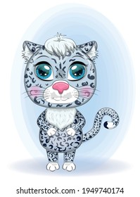 Cartoon snow leopard with expressive eyes. Wild animals, character, childish cute style