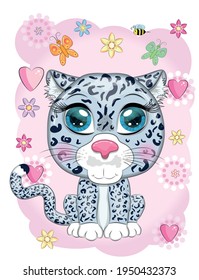 Cartoon snow leopard with expressive eyes among flowers, hearts, decorative elements. Wild animals, character, childish cute style