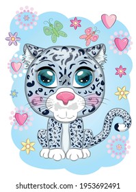 Cartoon snow leopard with expressive eyes among flowers, hearts, decorative elements. Wild animals, character, childish cute style