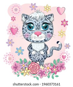 Cartoon snow leopard with expressive eyes among flowers, hearts, decorative elements. Wild animals, character, childish cute style