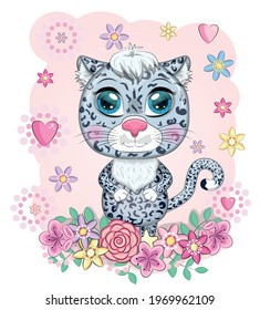 Cartoon snow leopard with expressive eyes among flowers, hearts, decorative elements. Wild animals, character, childish cute style