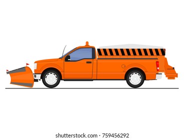 Cartoon snow plow and salt spreader. Flat vector.