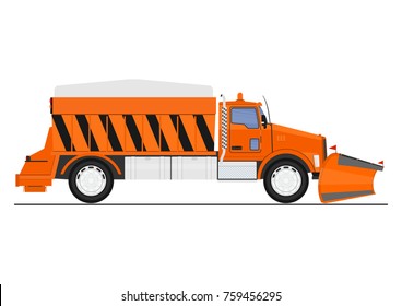 Cartoon Snow Plow And Salt Spreader. Flat Vector.