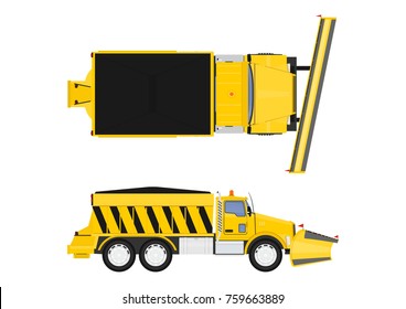 Cartoon Snow Plow And Salt Spreader. Flat Vector.