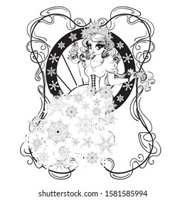 Cartoon snow queen with snowflakes, black and white vintage illustration.