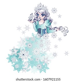 Cartoon snow queen with snowflakes, colorful vintage illustration.