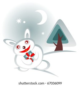 Cartoon snow rabbit with gift and pine on a winter background.