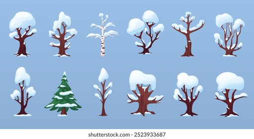 Cartoon snow tree. Winter trees and bushes, birch oak fir tree spruce under snowy hats. Seasonal nature, park or garden elements, nowaday vector set