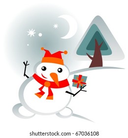 Cartoon snowball with gift and pine on a winter background.