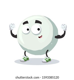 cartoon snowball mascot shows its strength on a white background
