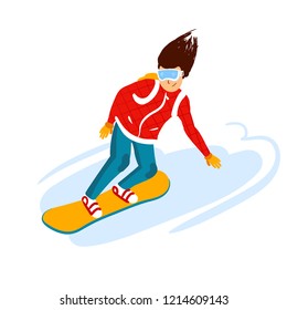cartoon snowboard riders, men. Winter mountain sports activity, ski resort vacation. Vector illustration in simple flat style.