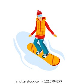 cartoon snowboard riders, men. Winter mountain sports activity, ski resort vacation. Vector illustration in simple flat style