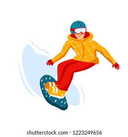cartoon snowboard riders, men. Winter mountain sports activity, ski resort vacation. Vector illustration in simple flat style
