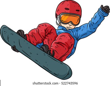 Cartoon snowboarder doing a grab trick in jump