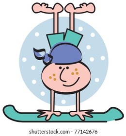 Cartoon snowboarder doing a trick handstand in the snow.