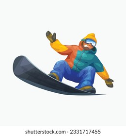 a cartoon snowboarder extreme riding on white