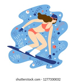Cartoon snowboarder girl in bikini. Winter sport illustration for your design. Cartoon snowboarder girl in bikini. Winter sport illustration for your design.