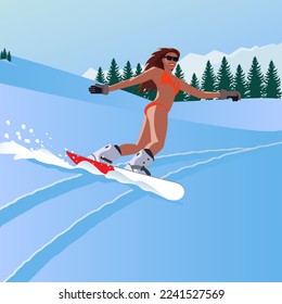 Cartoon snowboarder girl in bikini. Woman snowboarding, winter extreme sport activities. Winter sport illustration.